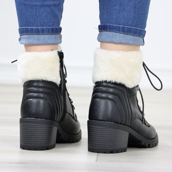 Black Lace Up Ankle Boots Chunky Heel Faux Fur Lined - Picture 14 of 16
